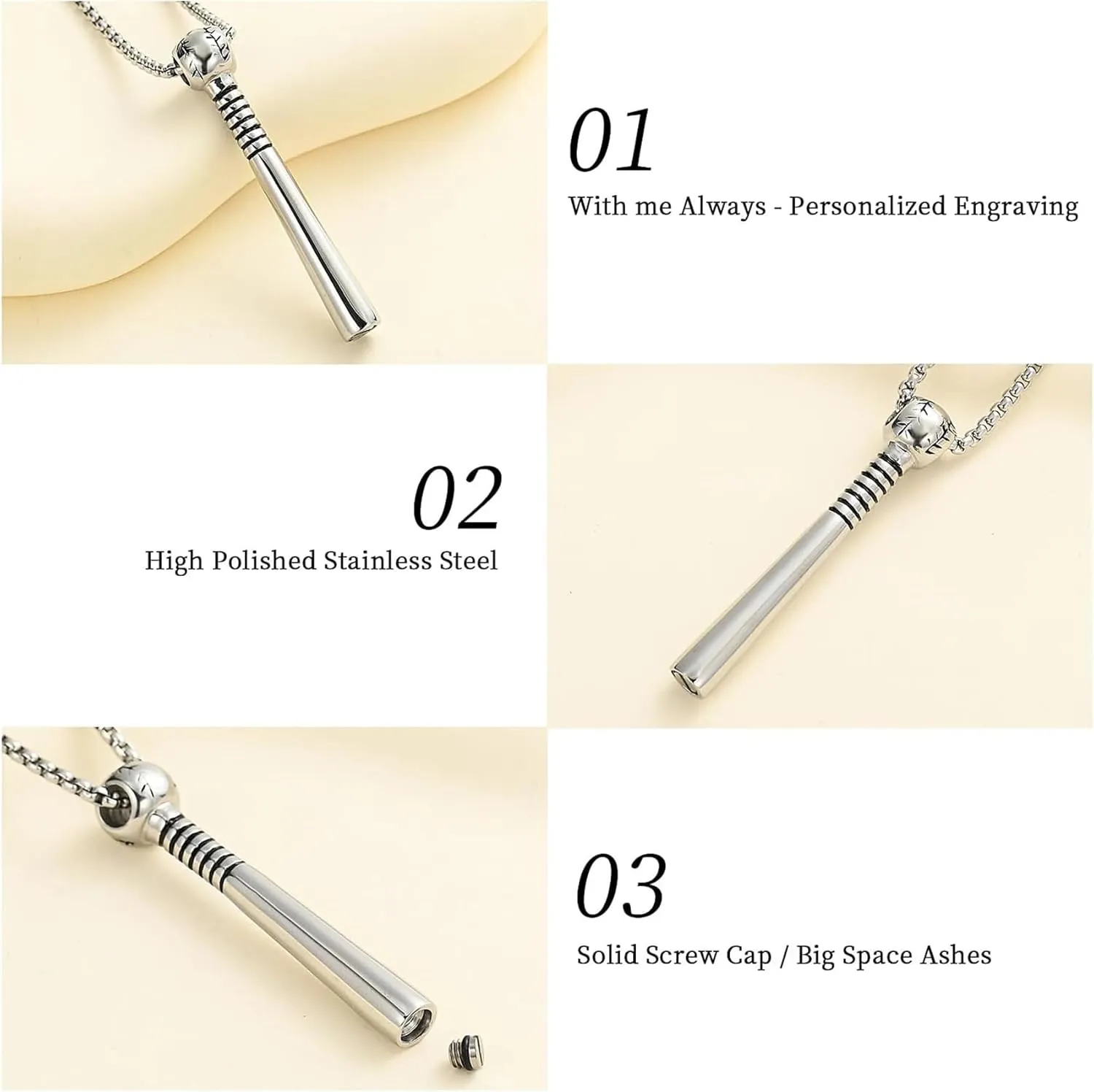 Hearbeingt 2 Pieces Baseball Urn Necklaces for Ashes Baseball Bat Stainless Steel Cremation Jewelry Memorial Pendant for Women Men Loved One Memorial Ashe Pendant