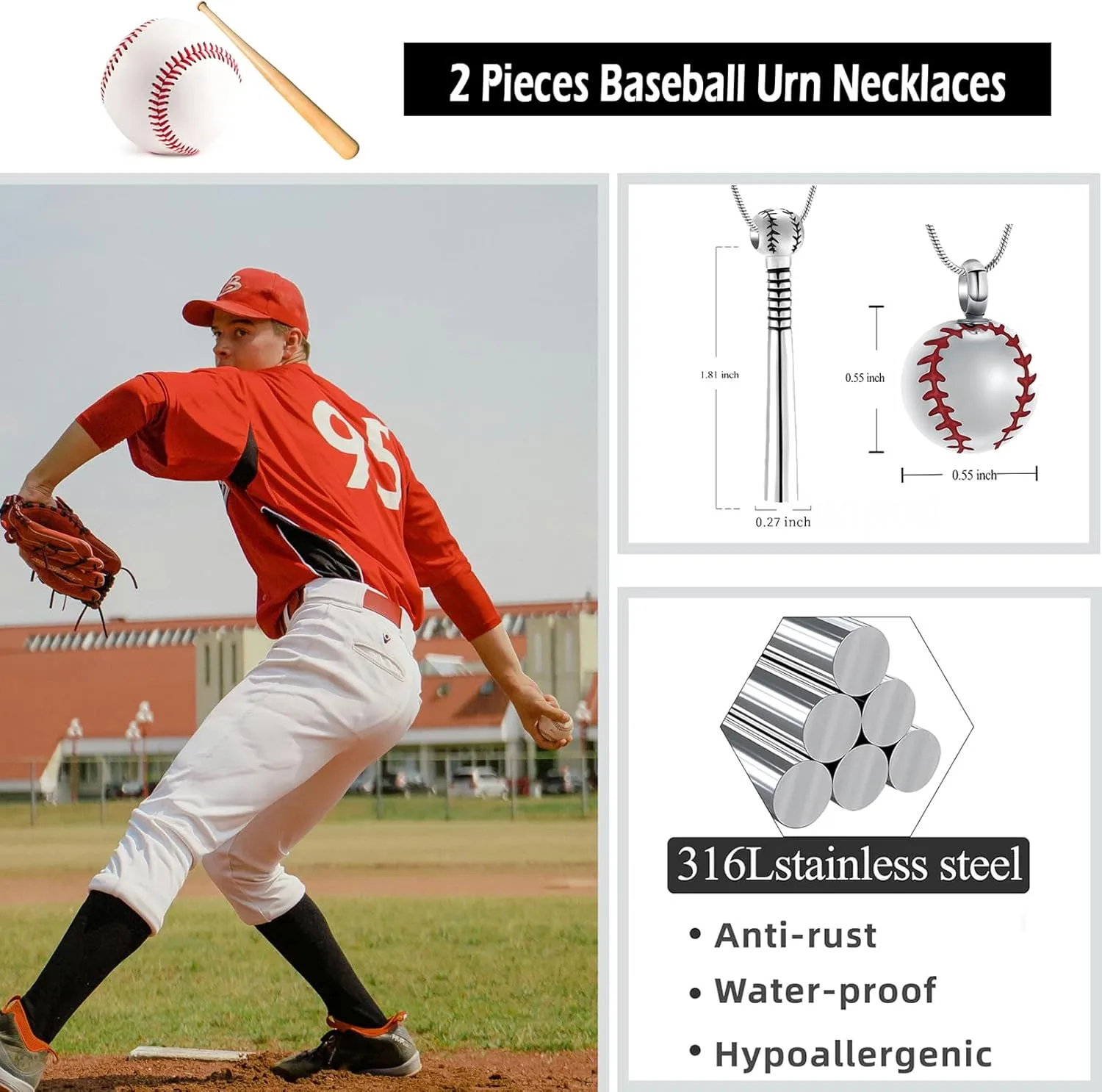 Hearbeingt 2 Pieces Baseball Urn Necklaces for Ashes Baseball Bat Stainless Steel Cremation Jewelry Memorial Pendant for Women Men Loved One Memorial Ashe Pendant
