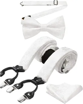 HISDERN Suspenders for Men Paisley Floral Bow tie Suspender Pocket Square Sets Adjustable Y Shape 6 Clips Wedding Braces