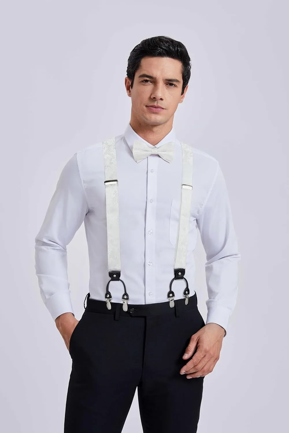 HISDERN Suspenders for Men Paisley Floral Bow tie Suspender Pocket Square Sets Adjustable Y Shape 6 Clips Wedding Braces