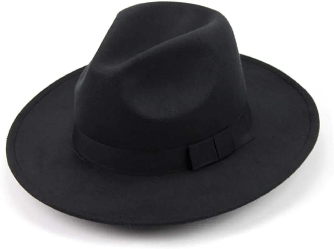 Homoyoyo Elegant Black Fedora Hat Wide Brim Cap for Women Men Bridegroom Godfather