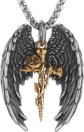 HZMAN Angel Wing Necklace for Men Women Stainless Steel Gothic Punk Angel Wing Cross/Angel Pendant Faith Amulet Jewelry Gift