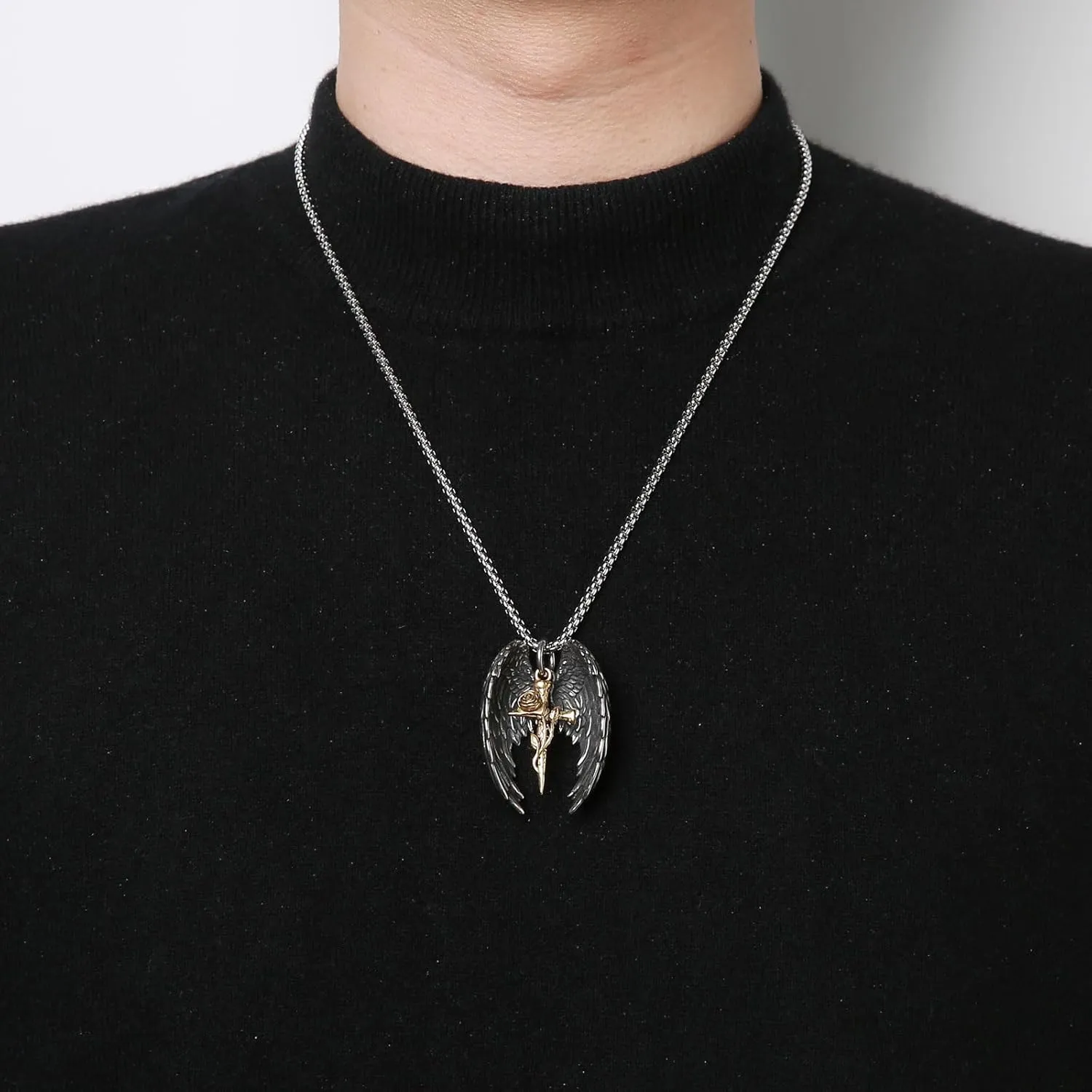 HZMAN Angel Wing Necklace for Men Women Stainless Steel Gothic Punk Angel Wing Cross/Angel Pendant Faith Amulet Jewelry Gift