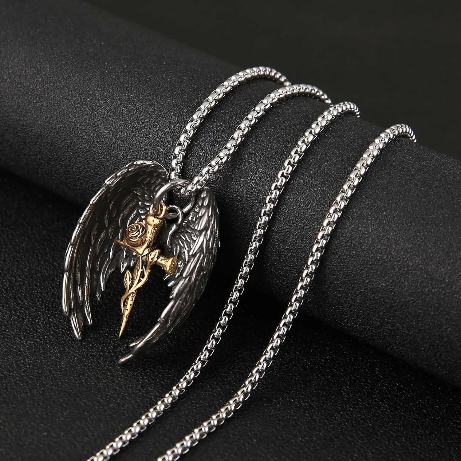 HZMAN Angel Wing Necklace for Men Women Stainless Steel Gothic Punk Angel Wing Cross/Angel Pendant Faith Amulet Jewelry Gift