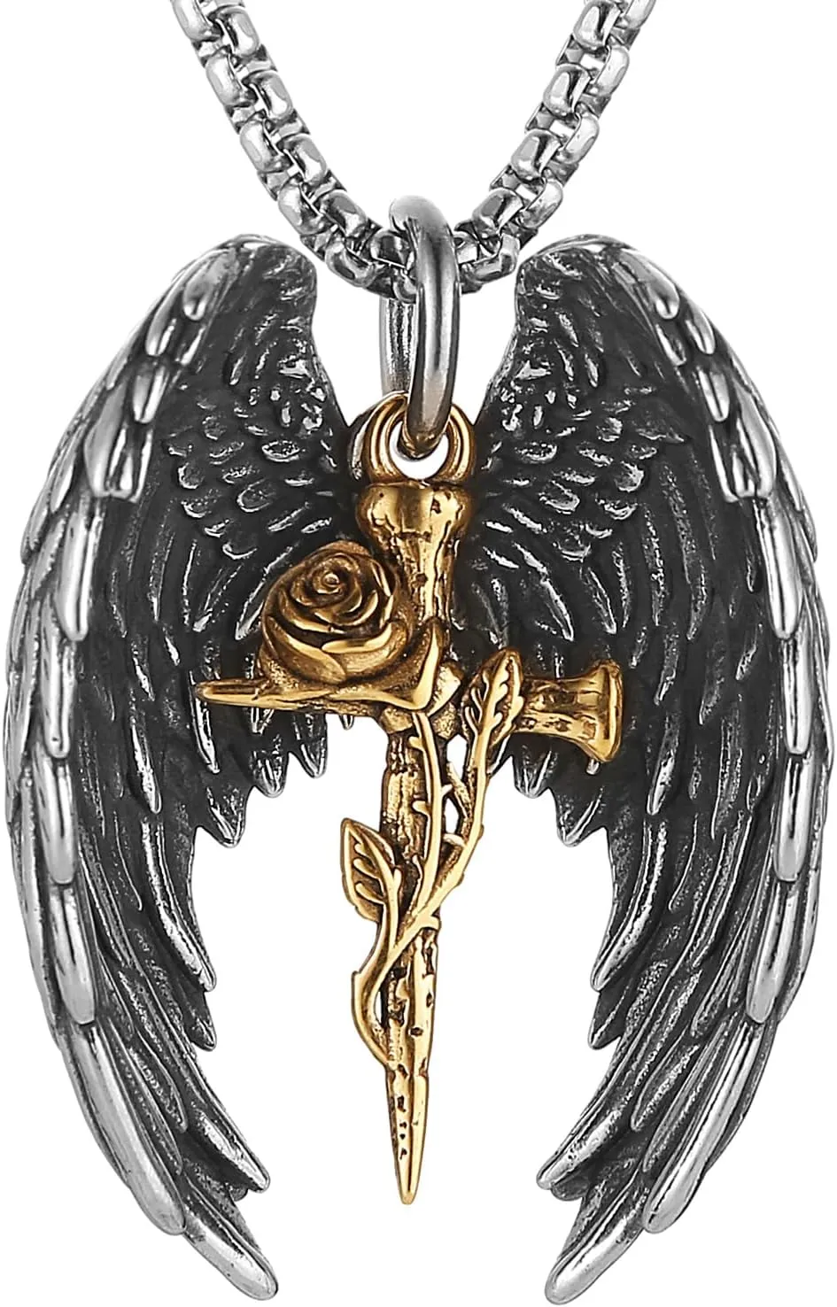 HZMAN Angel Wing Necklace for Men Women Stainless Steel Gothic Punk Angel Wing Cross/Angel Pendant Faith Amulet Jewelry Gift