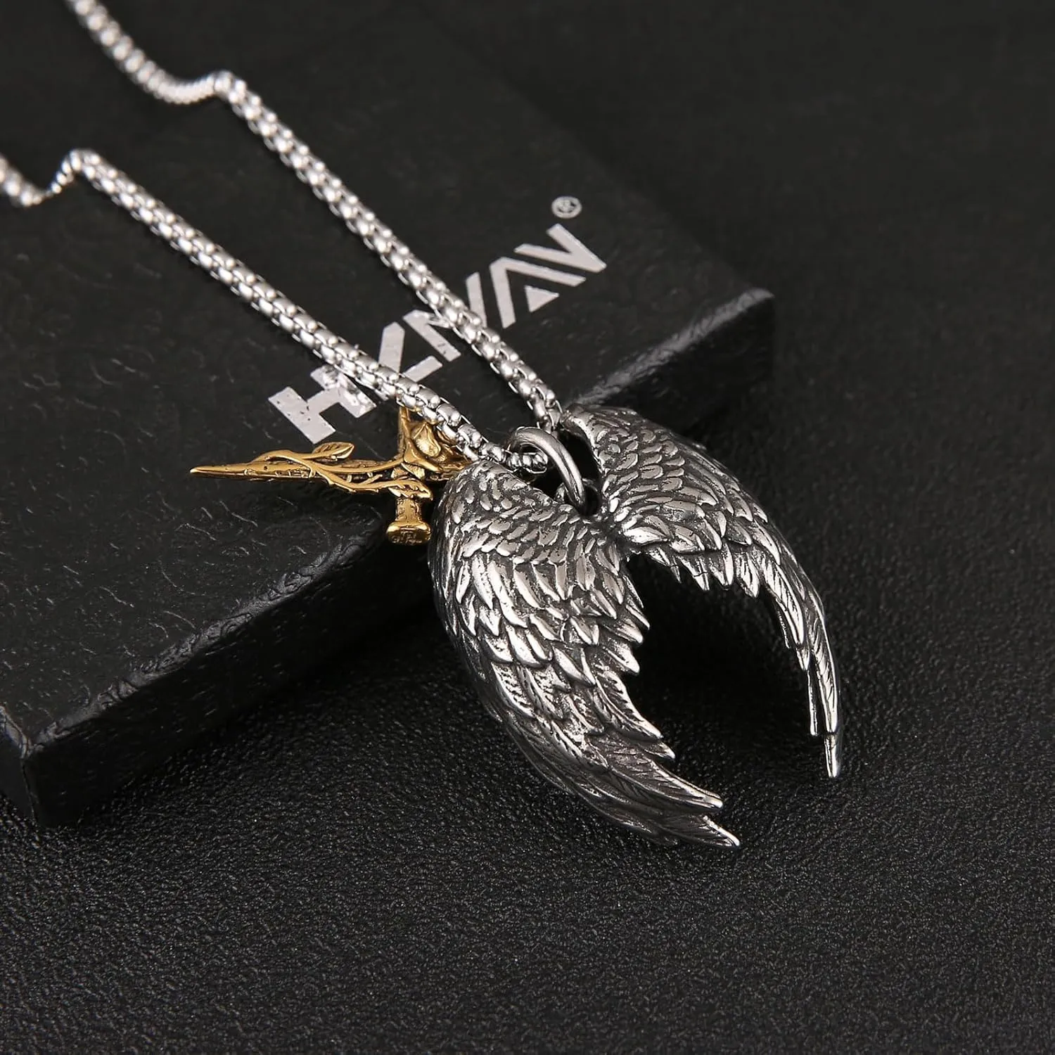 HZMAN Angel Wing Necklace for Men Women Stainless Steel Gothic Punk Angel Wing Cross/Angel Pendant Faith Amulet Jewelry Gift