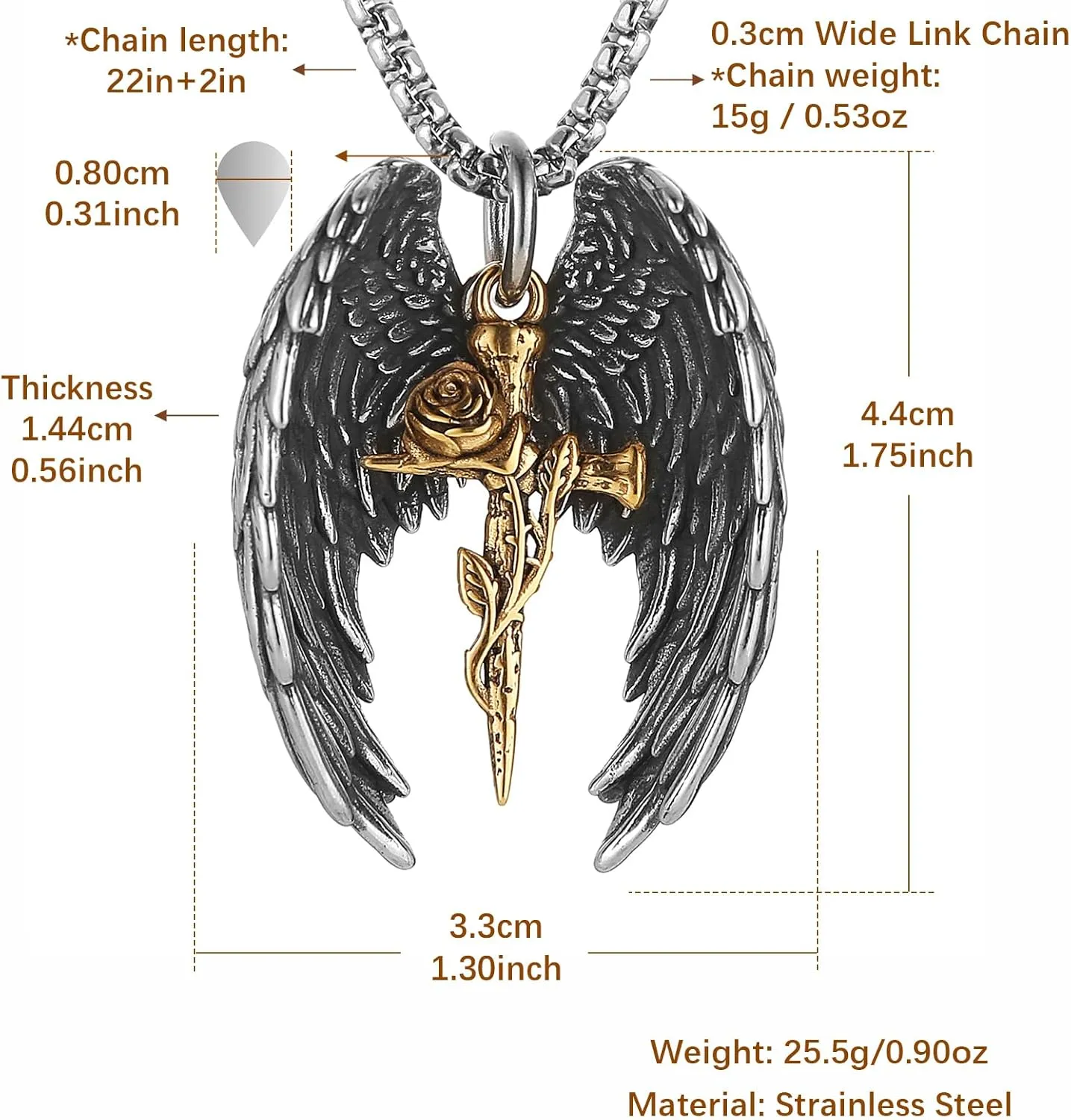 HZMAN Angel Wing Necklace for Men Women Stainless Steel Gothic Punk Angel Wing Cross/Angel Pendant Faith Amulet Jewelry Gift