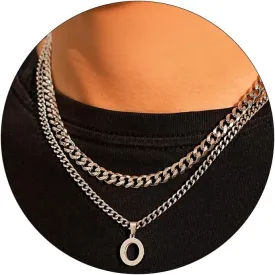 Initial A-Z Letter Necklace for Men Layered Stainless Steel Cuban Chain Choker Letter Pendant Necklace Jewelry Gift for Men