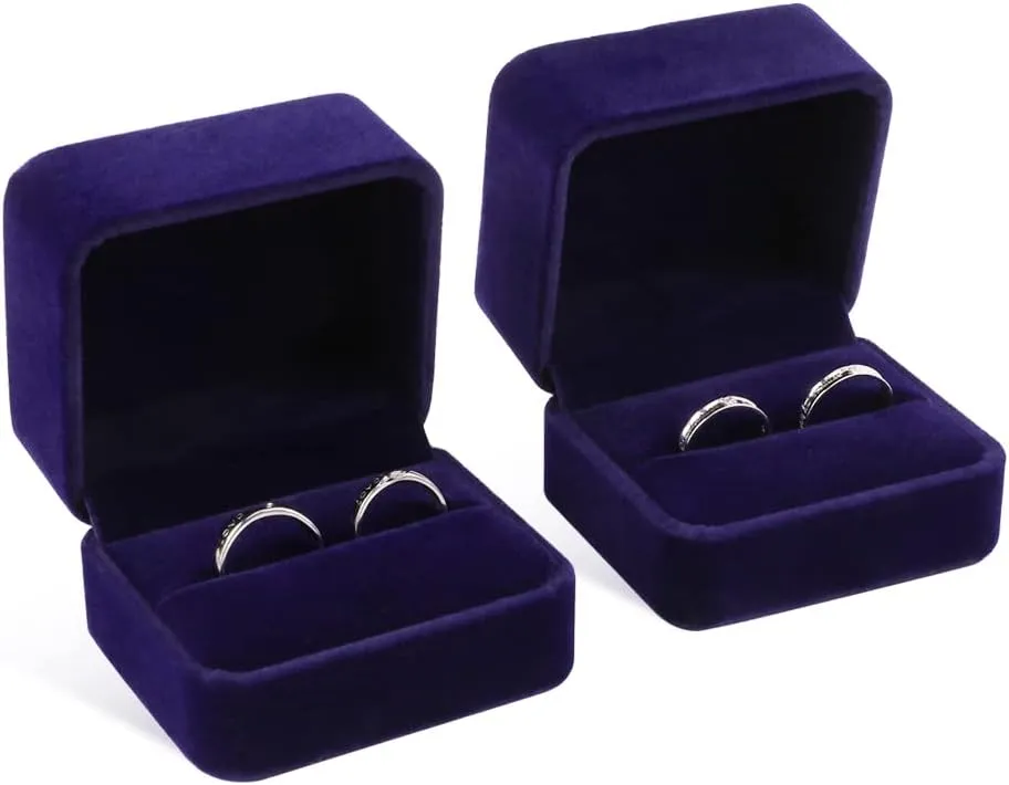 iSuperb Set of 2 Blue Velvet Couple Double Ring Box Earring Jewelry Case Gift Boxes 2.7x2.7x1.6inch