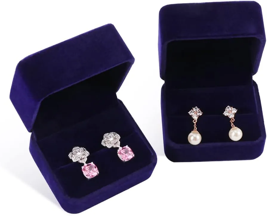 iSuperb Set of 2 Blue Velvet Couple Double Ring Box Earring Jewelry Case Gift Boxes 2.7x2.7x1.6inch