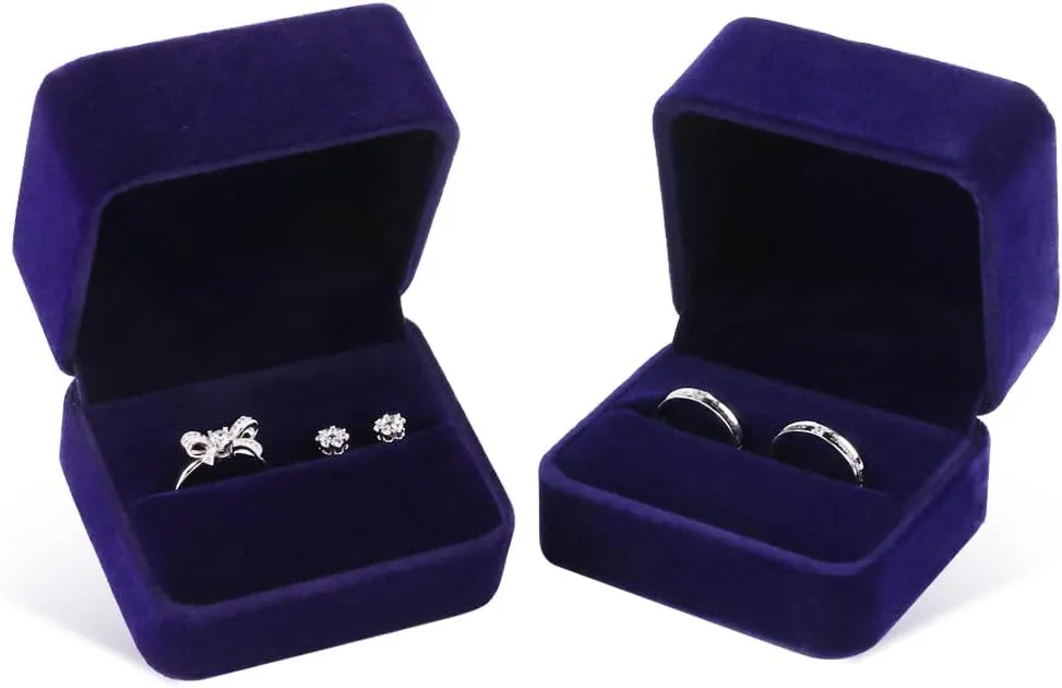 iSuperb Set of 2 Blue Velvet Couple Double Ring Box Earring Jewelry Case Gift Boxes 2.7x2.7x1.6inch