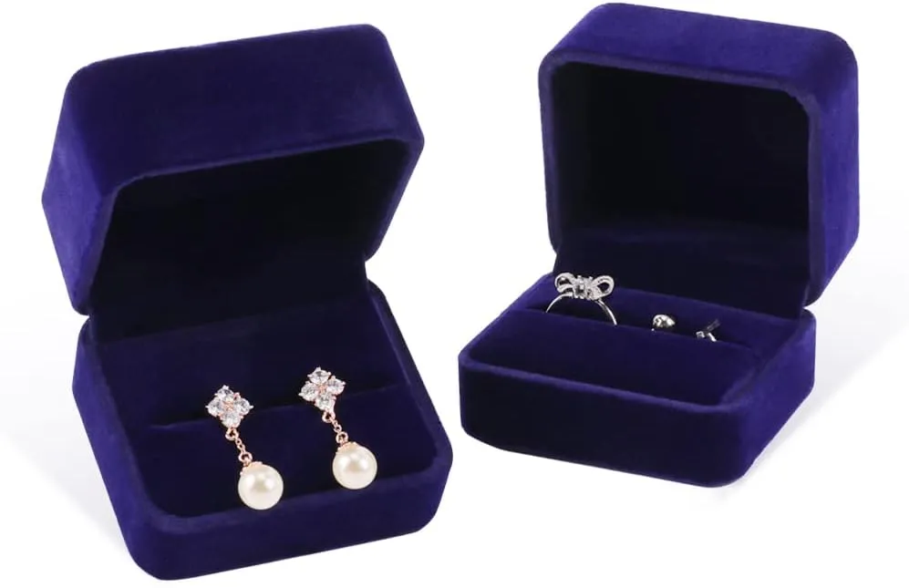 iSuperb Set of 2 Blue Velvet Couple Double Ring Box Earring Jewelry Case Gift Boxes 2.7x2.7x1.6inch