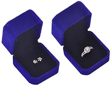 iSuperb Set of 2 Blue Velvet Couple Ring Box Earring Jewelry Case Gift Boxes 2.2x1.9x1.6inch