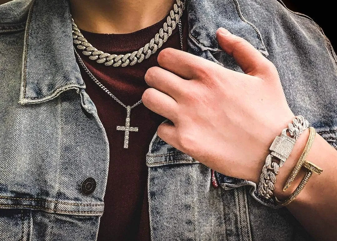 JINAO Cross Chain for Men Gold Cross Necklace 14K Gold Plated Large Nail Cross Chain Iced out CZ Pendant Hip Hop Jewelry for Women with Stainless Rope Chain