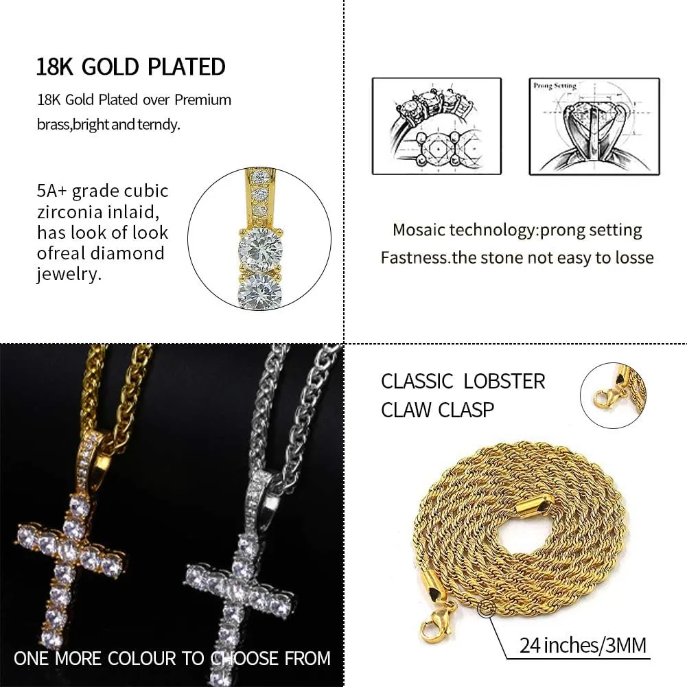 JINAO Cross Chain for Men Gold Cross Necklace 14K Gold Plated Large Nail Cross Chain Iced out CZ Pendant Hip Hop Jewelry for Women with Stainless Rope Chain