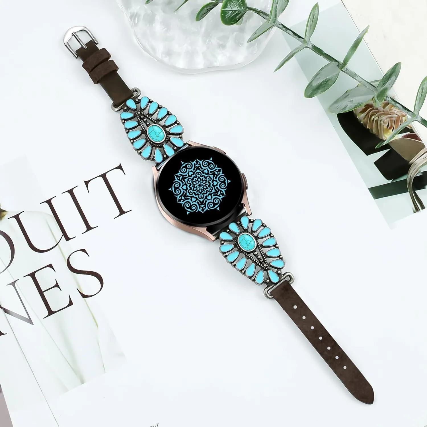 JR.DM Leather Band Women Compatible with Samsung Galaxy Watch 7/6/5/4/Active 2 40mm 44mm/Watch 6 Classic 43mm 47mm/Watch 5 Pro 45mm/Watch 4 Classic 42mm 46mm, Western Boho Turquoise 20mm Straps, Brown
