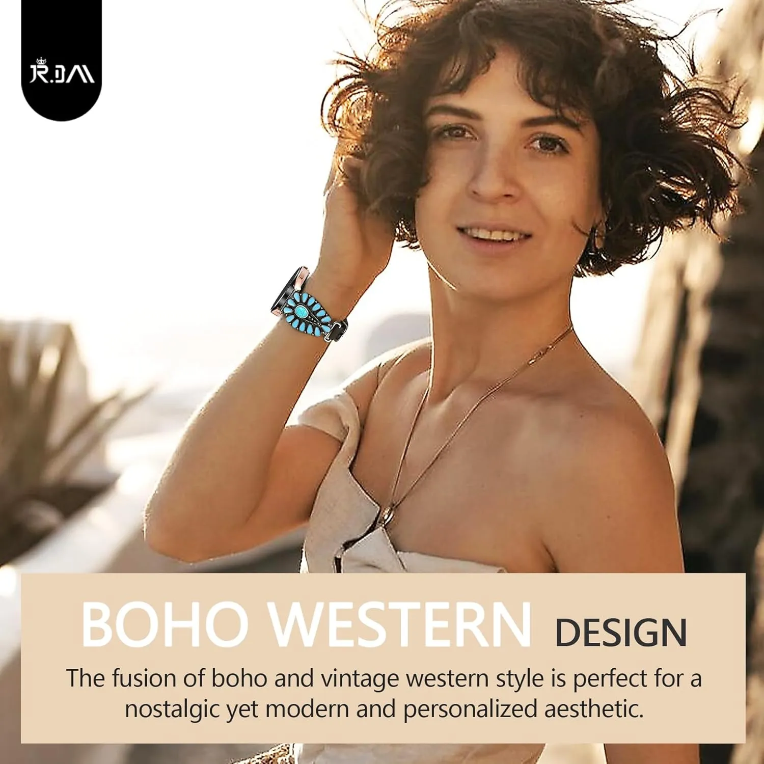 JR.DM Leather Band Women Compatible with Samsung Galaxy Watch 7/6/5/4/Active 2 40mm 44mm/Watch 6 Classic 43mm 47mm/Watch 5 Pro 45mm/Watch 4 Classic 42mm 46mm, Western Boho Turquoise 20mm Straps, Brown