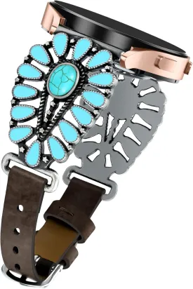 JR.DM Leather Band Women Compatible with Samsung Galaxy Watch 7/6/5/4/Active 2 40mm 44mm/Watch 6 Classic 43mm 47mm/Watch 5 Pro 45mm/Watch 4 Classic 42mm 46mm, Western Boho Turquoise 20mm Straps, Brown