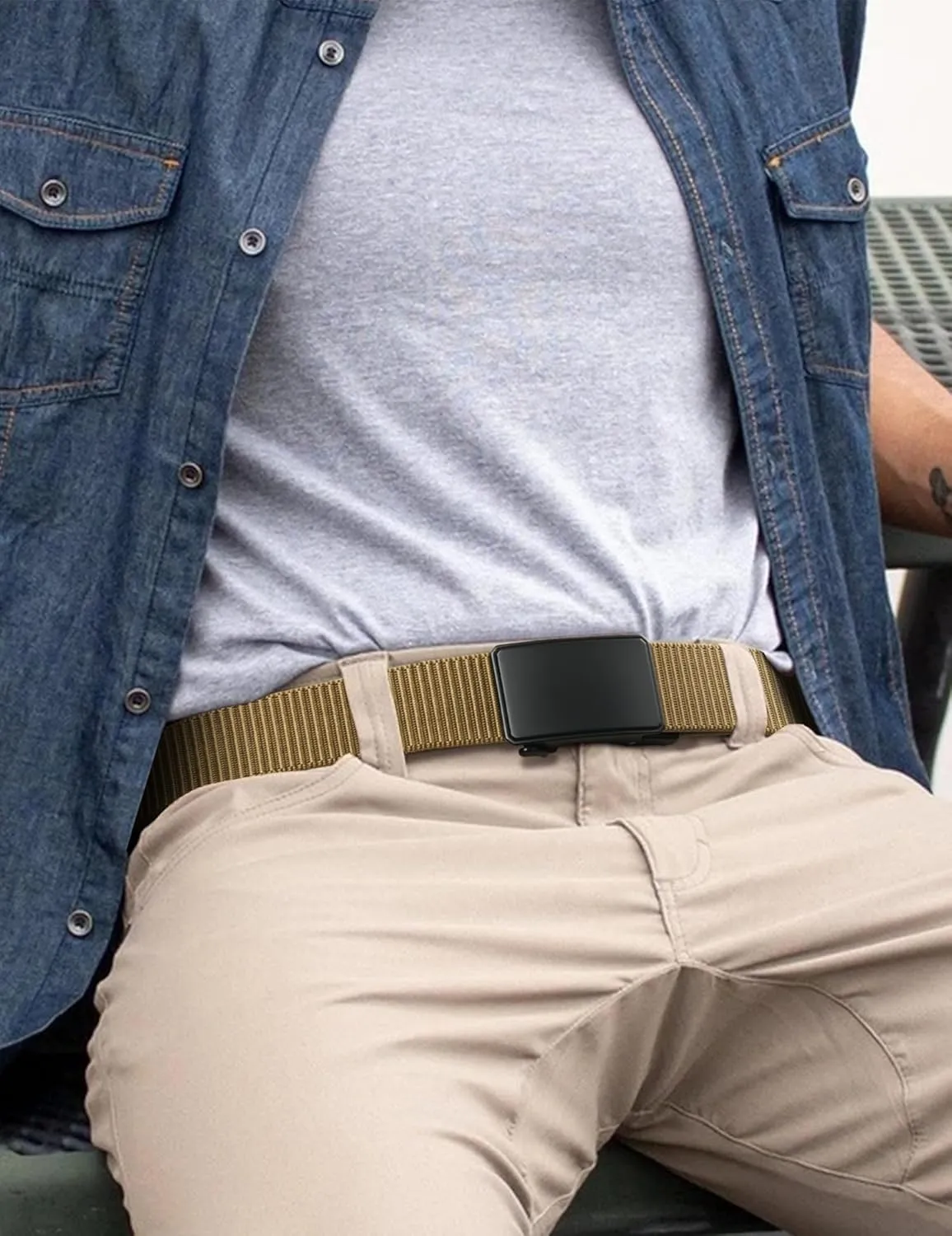 JUKMO Men's 1.5" Nylon Ratchet Belt, Casual Web Click Belt with Slide Buckle for Jeans, No Holes Adjustable Trim to Fit