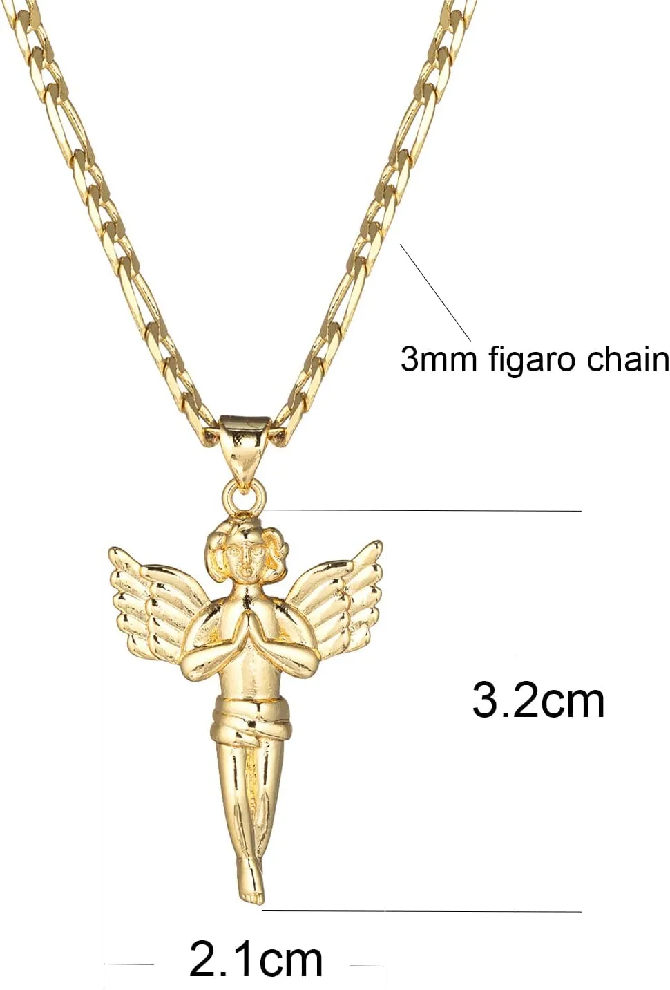 kelistom 14K Gold Plated Guardian Angel Pendant Necklace for Women Men 3mm Flat Figaro Chain Necklace 18/22 inches
