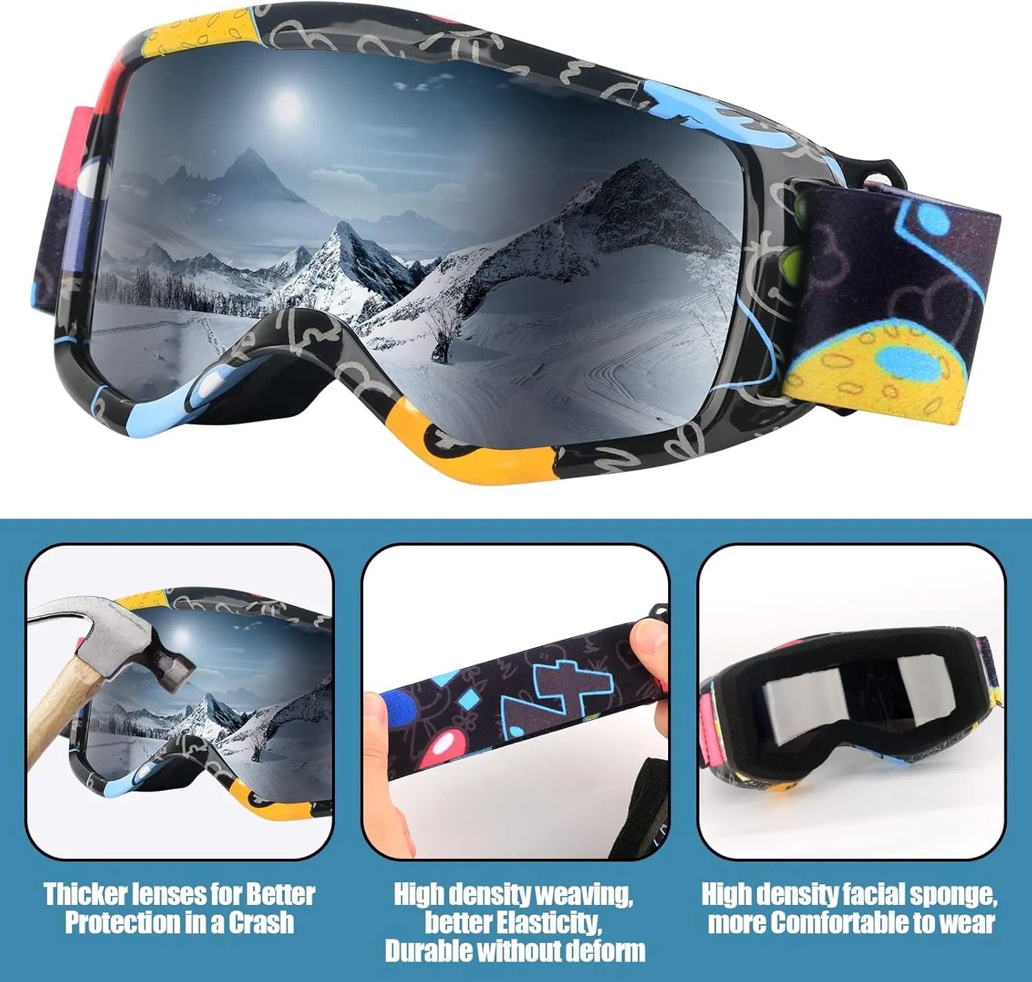 Kids Ski Goggles OTG Kids Snow Goggles Anti Fog UV Protection Snowboard Goggles, Helmet Compatible for Boys Girls Toddler