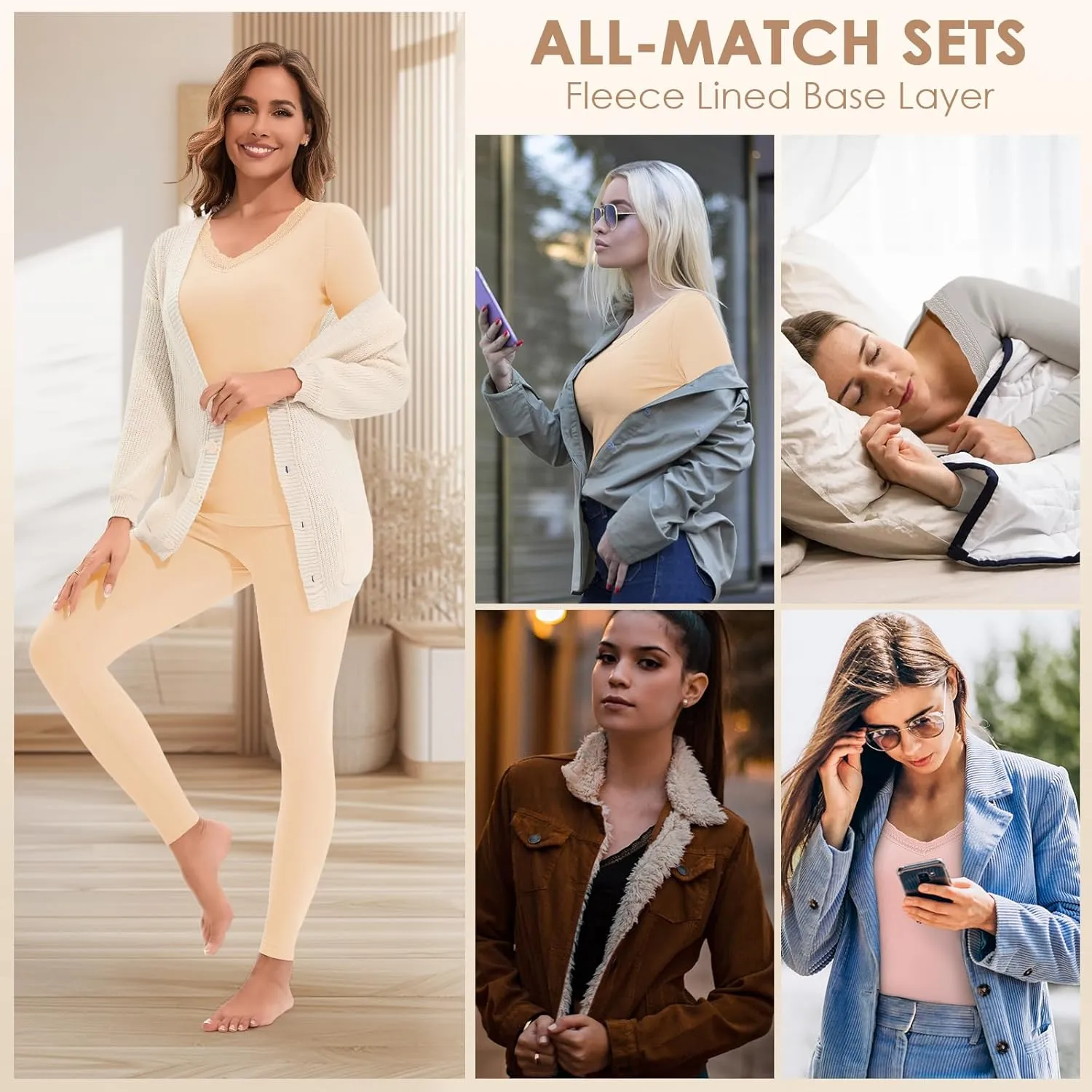 Lace V Neck Thermal Underwear Sets For Women Long Johns Fleece Base Layer Cold Weather Thermal Pajamas Set Top Bottom