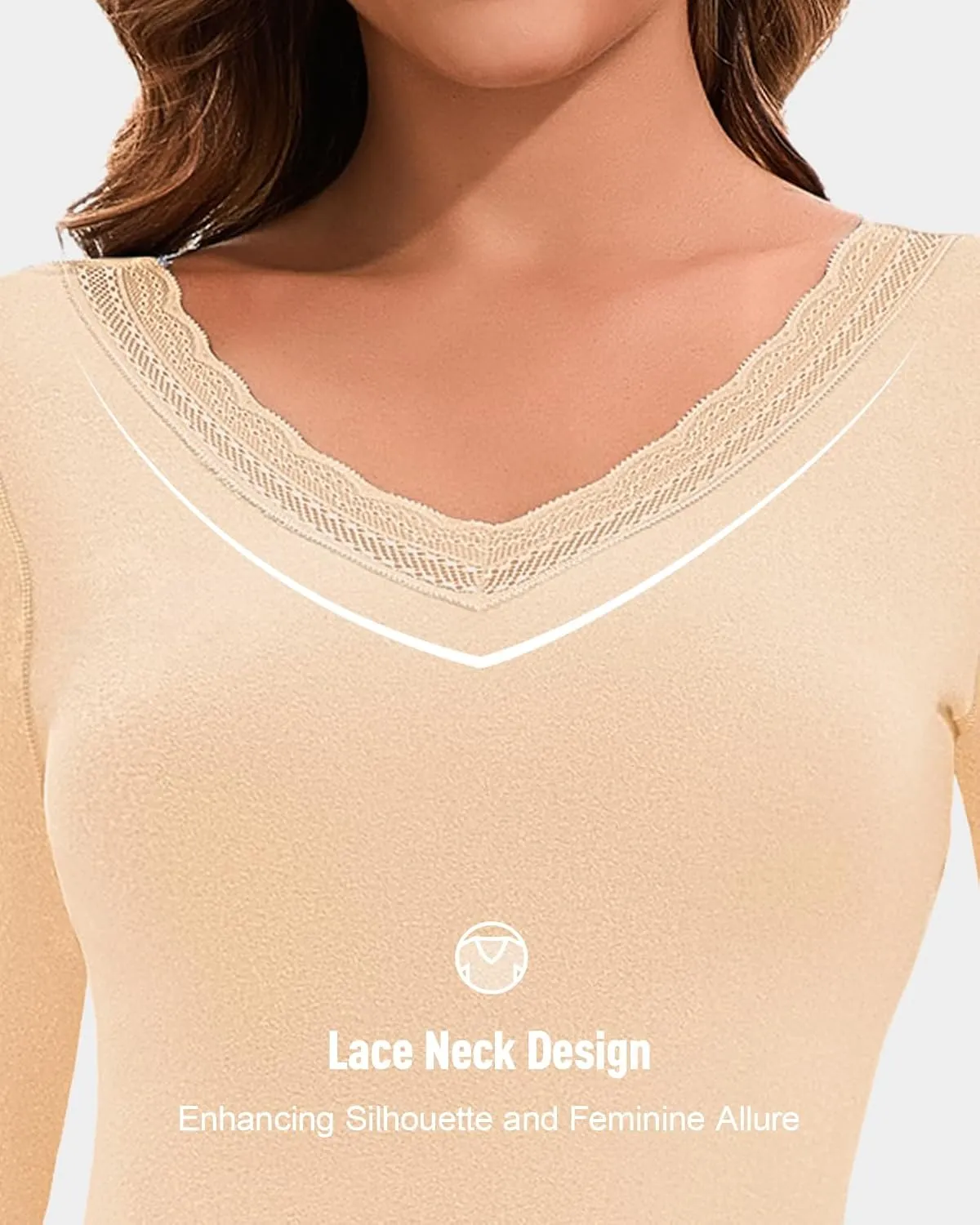 Lace V Neck Thermal Underwear Sets For Women Long Johns Fleece Base Layer Cold Weather Thermal Pajamas Set Top Bottom