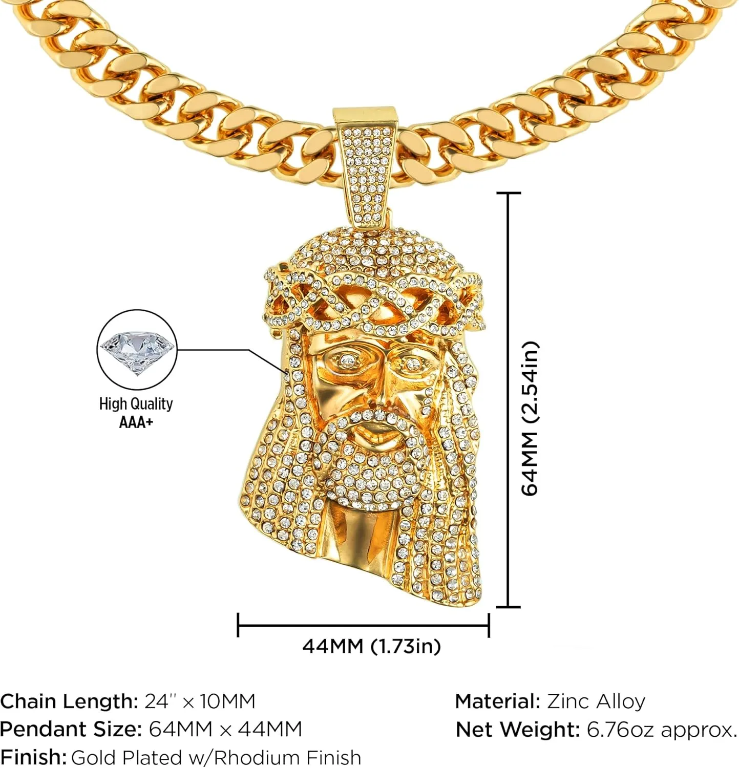 Large Crown Jesus Pendant Necklace for Men Gold Silver Plated 5A  Cubic Zirconia Iced Bling Out Luxury Diamond 24 Inch Cuban Link Necklace Chain