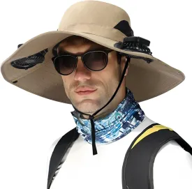 Men Women Wide Brim Sun Hats with 2 Solar Fan Waterproof Breathable Bucket Hat Outdoor Fishing Hat for Hiking Camping