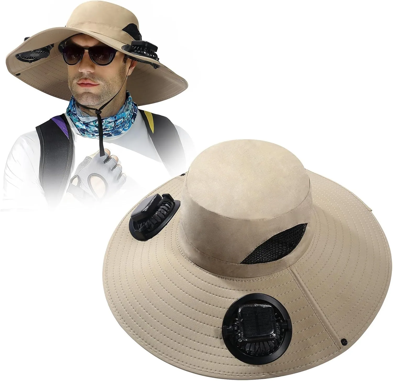 Men Women Wide Brim Sun Hats with 2 Solar Fan Waterproof Breathable Bucket Hat Outdoor Fishing Hat for Hiking Camping