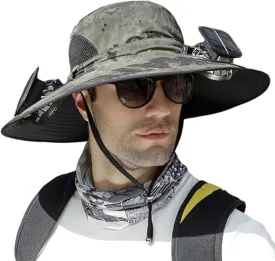Men Women Wide Brim Sun Hats with 2 Solar Fan Waterproof Breathable Bucket Hat Outdoor Fishing Hat for Hiking Camping
