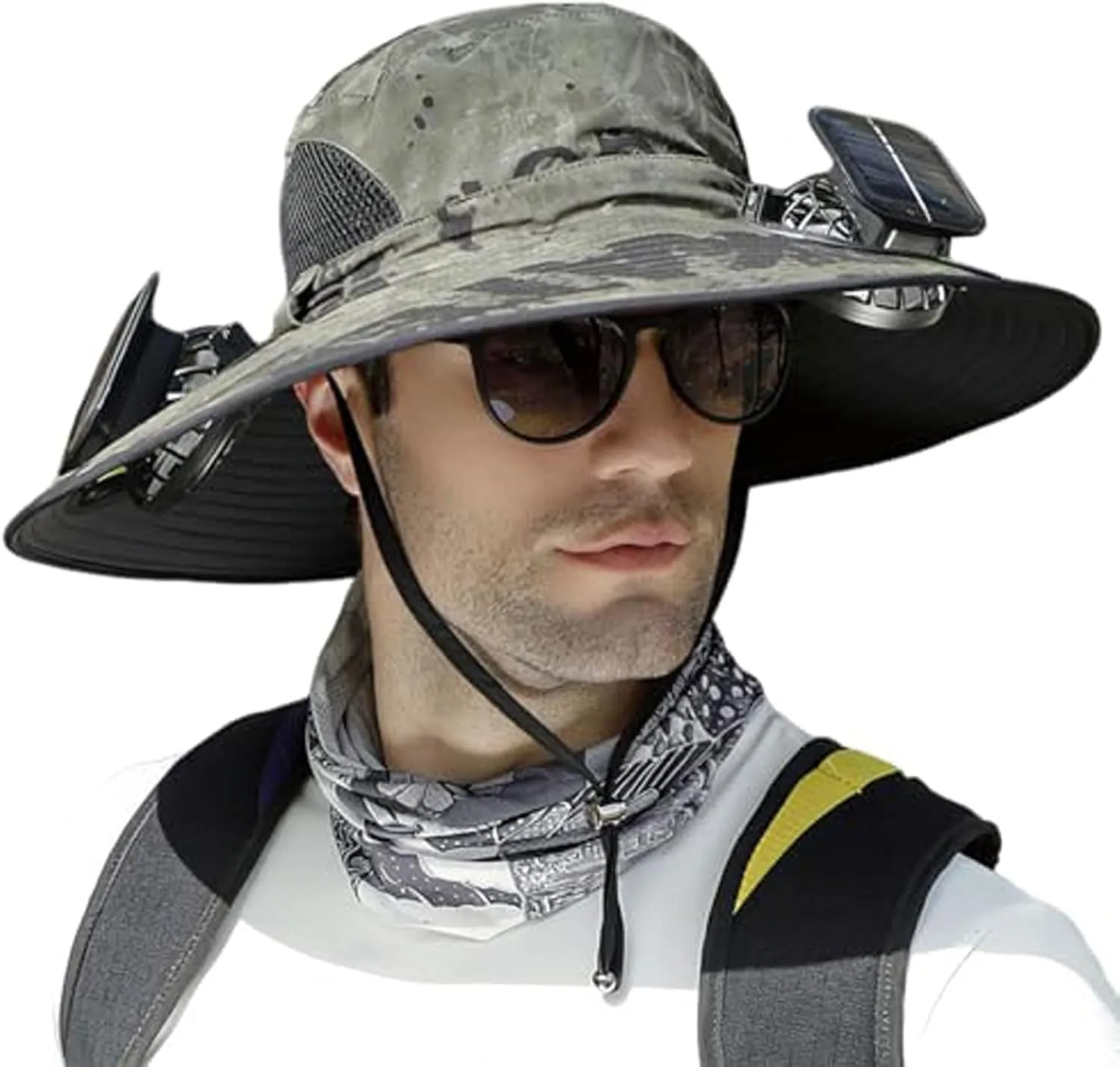 Men Women Wide Brim Sun Hats with 2 Solar Fan Waterproof Breathable Bucket Hat Outdoor Fishing Hat for Hiking Camping