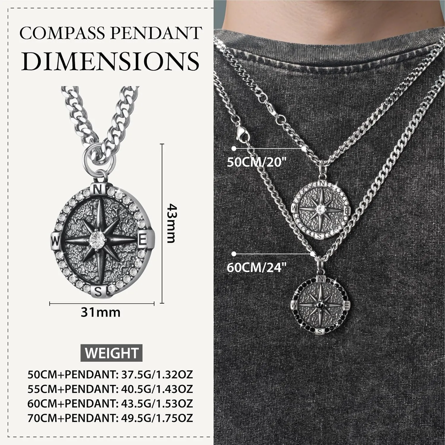 Mens Compass Necklace Stainless Steel Navigator Compass Pendant Necklaces Chain Jewelry for Men 50/55/60/70cm