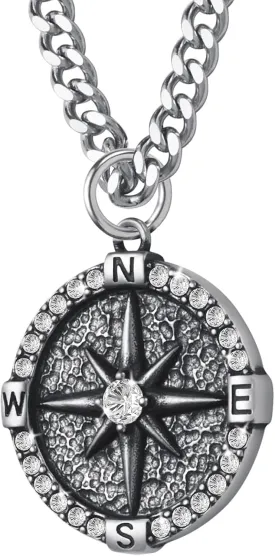 Mens Compass Necklace Stainless Steel Navigator Compass Pendant Necklaces Chain Jewelry for Men 50/55/60/70cm