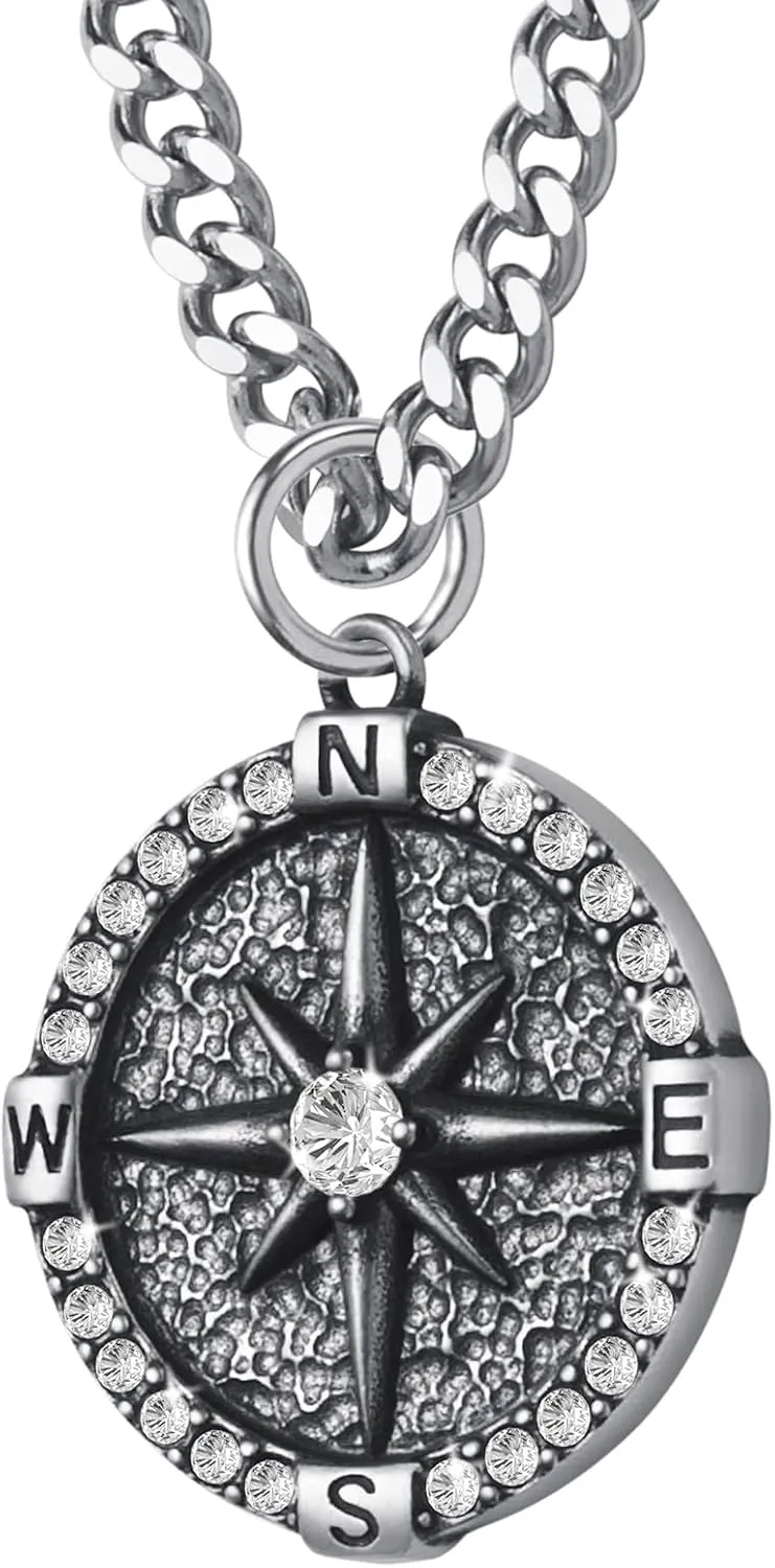 Mens Compass Necklace Stainless Steel Navigator Compass Pendant Necklaces Chain Jewelry for Men 50/55/60/70cm