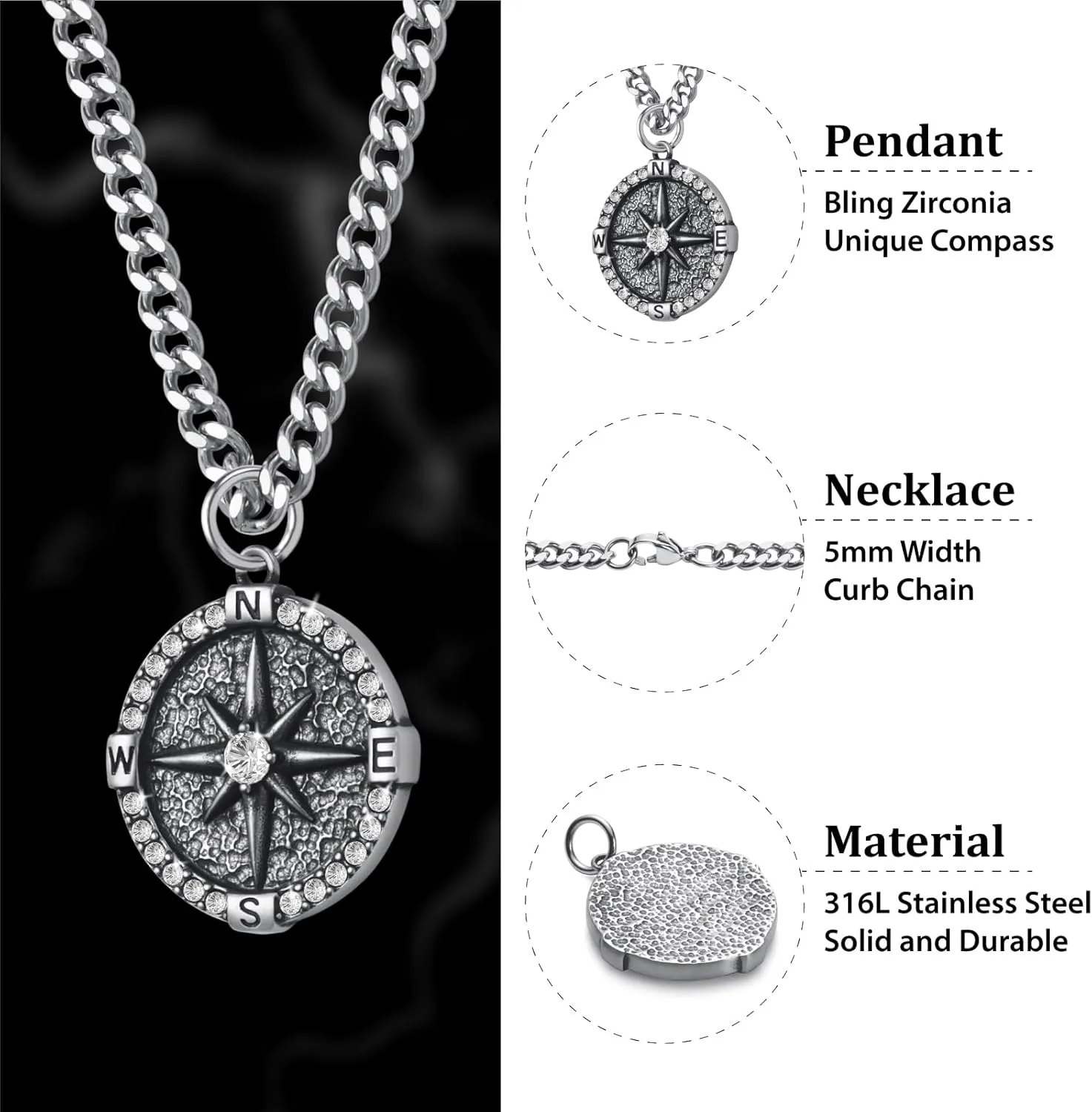 Mens Compass Necklace Stainless Steel Navigator Compass Pendant Necklaces Chain Jewelry for Men 50/55/60/70cm