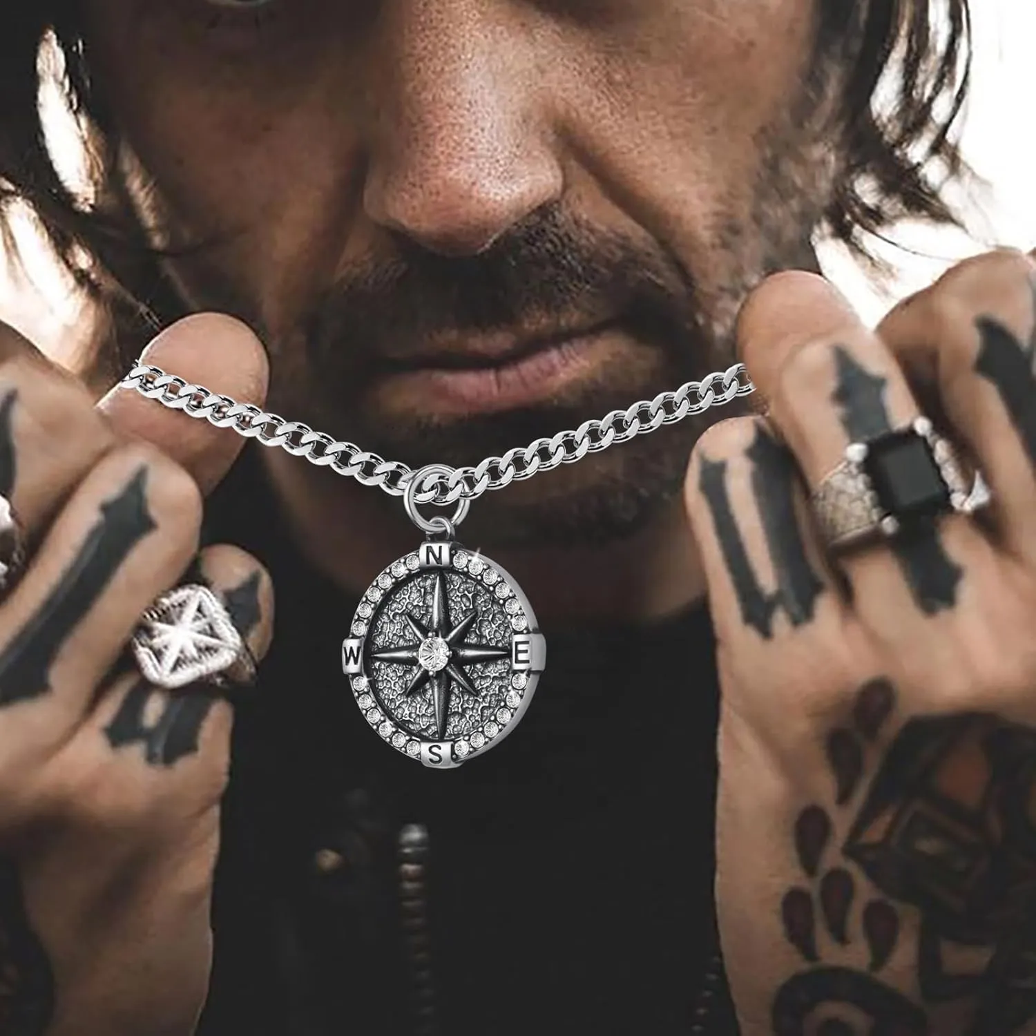 Mens Compass Necklace Stainless Steel Navigator Compass Pendant Necklaces Chain Jewelry for Men 50/55/60/70cm