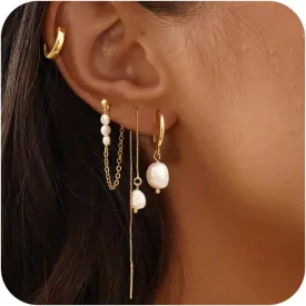 Moodear Pearl Dangle Hoop Earrings for Women - Dainty Hypoallergenic 14K Gold Plated Small Drop Chain Hoops Trendy Earring Sets for Multiple Piercing Jewelry