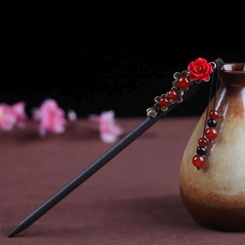 National Style Red Agate Rose Vintage Hairpin