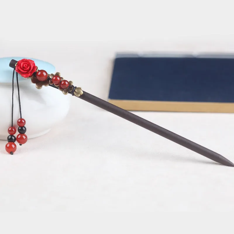 National Style Red Agate Rose Vintage Hairpin