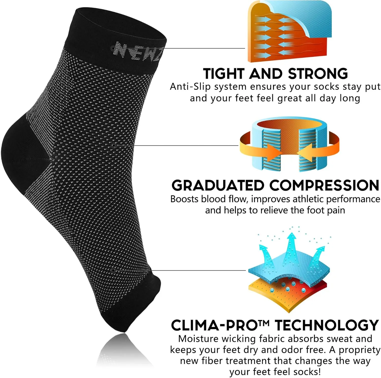 NEWZILL Plantar Fasciitis Socks with Arch Support, BEST 24/7 Foot Care Compression Sleeve, Eases Swelling & Heel Spurs, Ankle Brace Support, Increases Circulation, Relieve Pain Fast (S/M, Black)