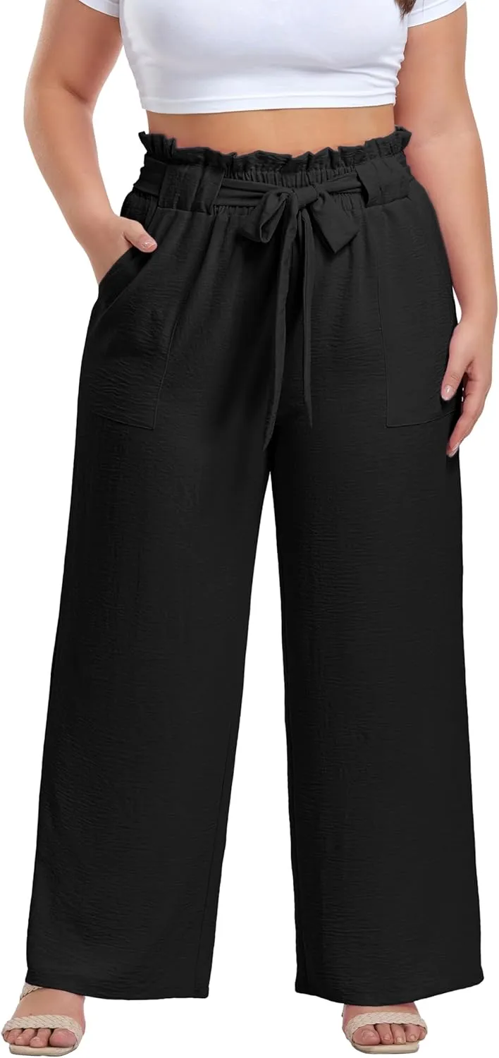OLRIK Women's Plus Size Pants Summer High Waisted Wide Leg Casual Trousers with Pockets Self-Tie Belt (1X-5X)