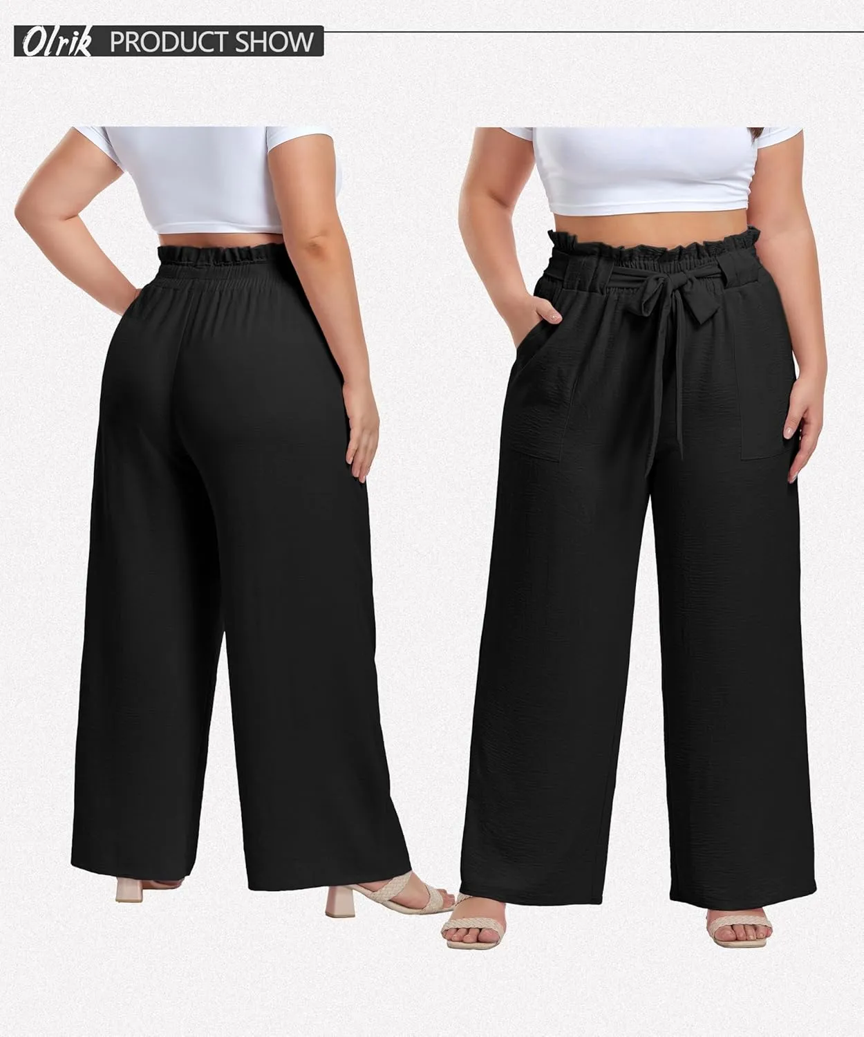 OLRIK Women's Plus Size Pants Summer High Waisted Wide Leg Casual Trousers with Pockets Self-Tie Belt (1X-5X)