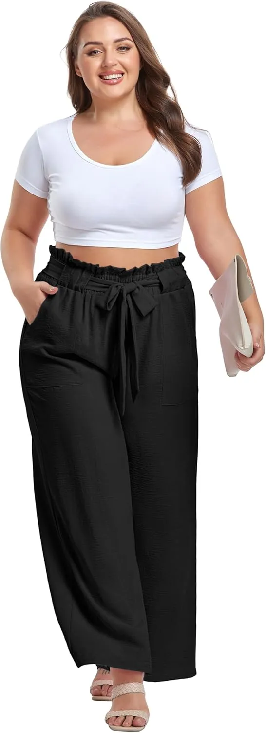 OLRIK Women's Plus Size Pants Summer High Waisted Wide Leg Casual Trousers with Pockets Self-Tie Belt (1X-5X)