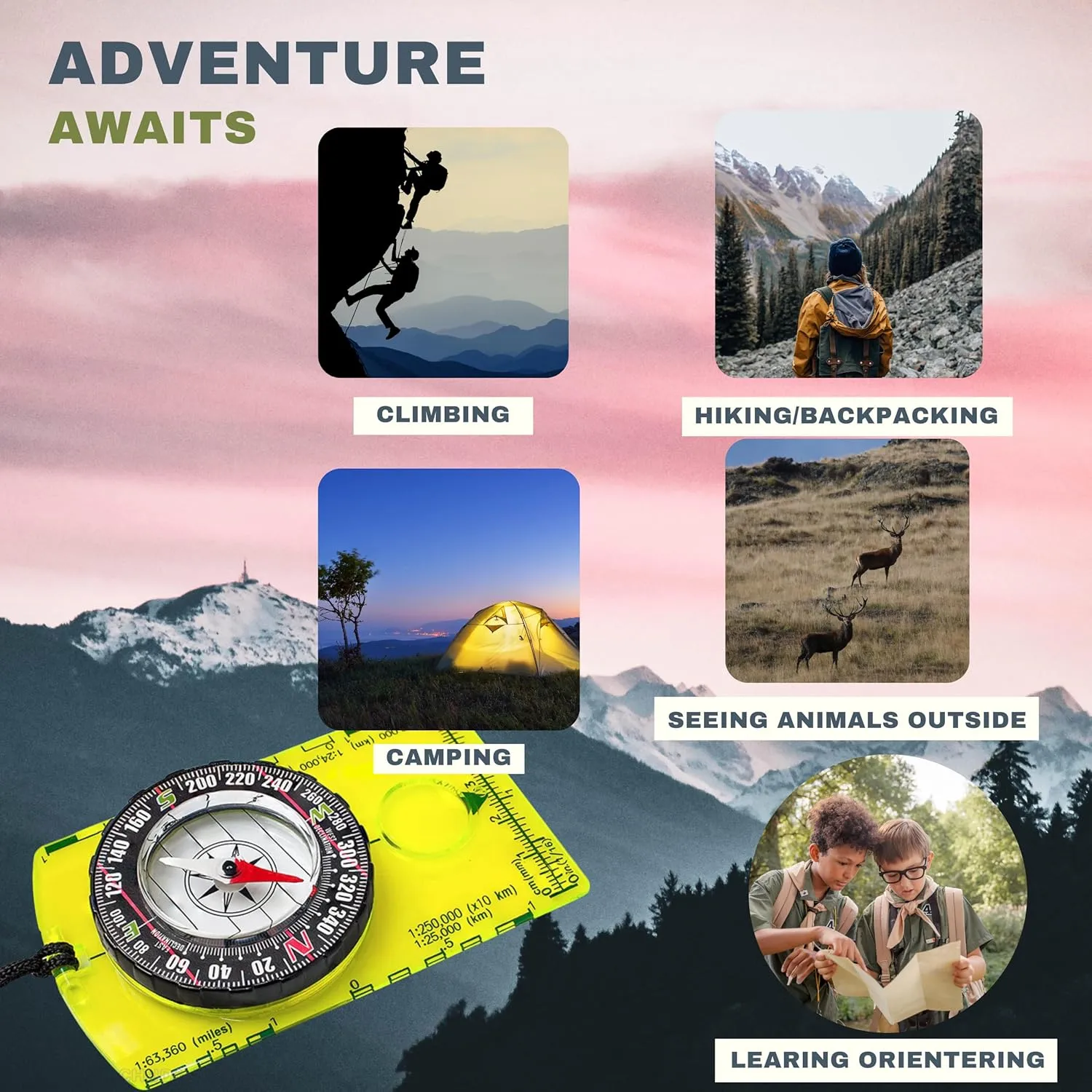 Pack of 2 Orienteering Compass Hiking-Compasses boy Scout Kids- Magnetic Gear Set Navigation map- Brujulas orientacion-Backpacking Camping Hunting Survival.