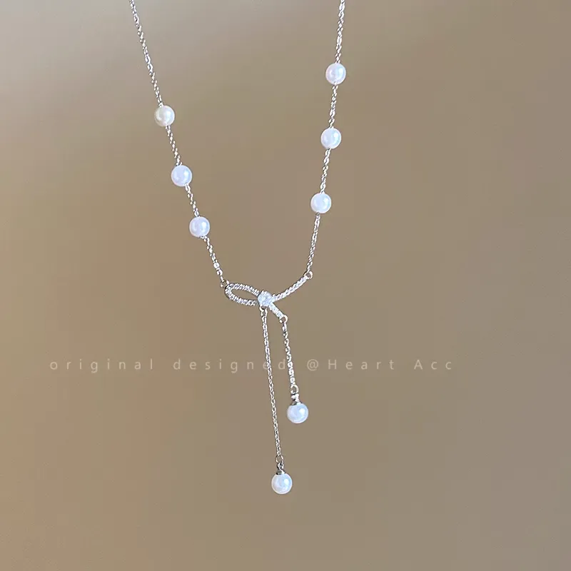 Pearl Tassel Bow Necklace Clavicle Fashionable Sweater Chain