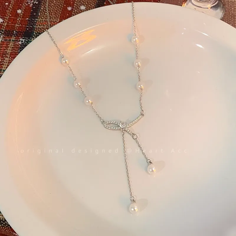 Pearl Tassel Bow Necklace Clavicle Fashionable Sweater Chain