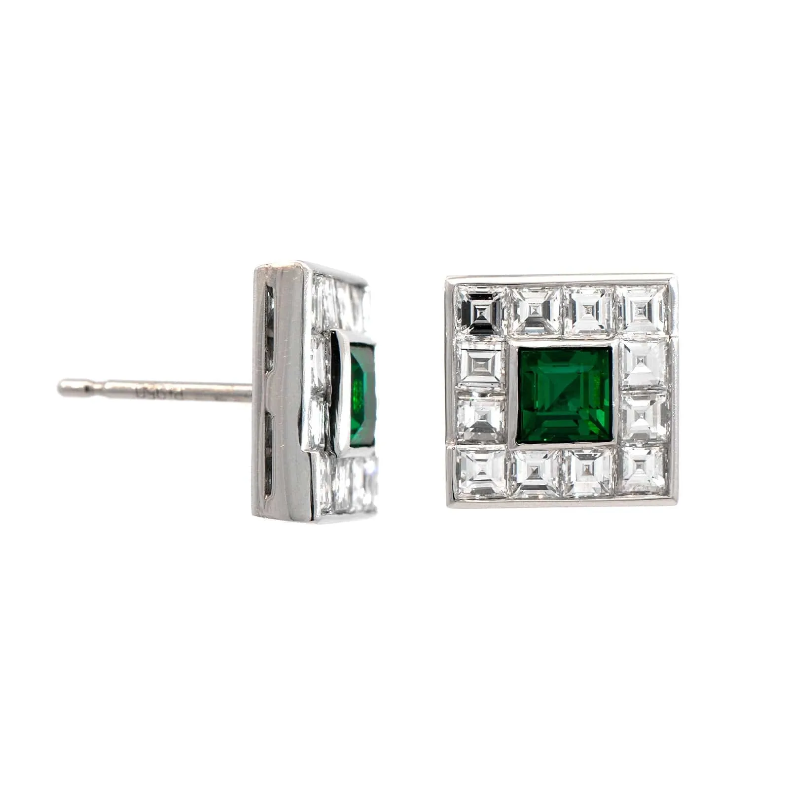 Platinum Emerald and Diamond Halo Stud Earrings