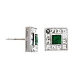 Platinum Emerald and Diamond Halo Stud Earrings