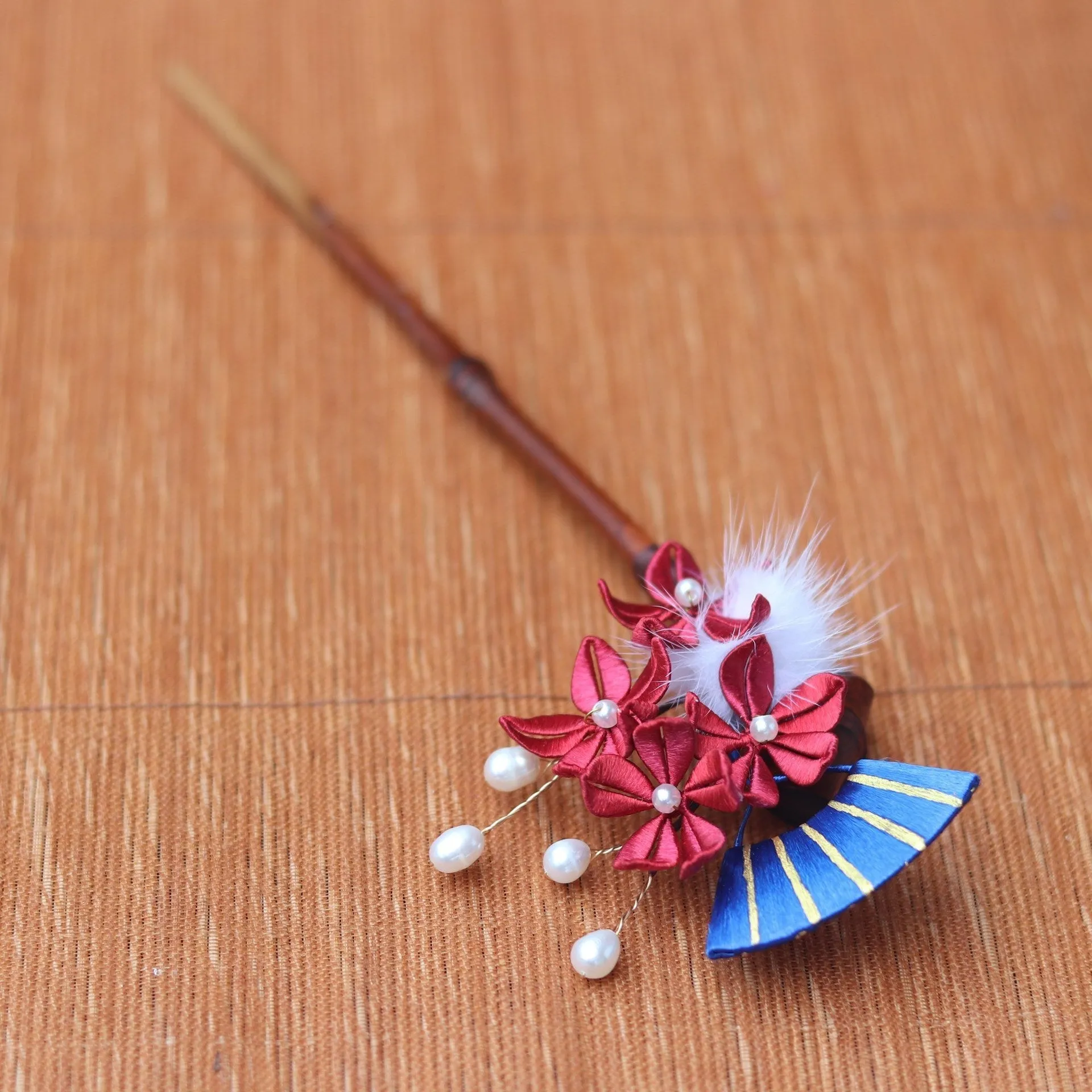 Retro Pearl Rising Bamboo Tangled Plum Blossom Hairpin